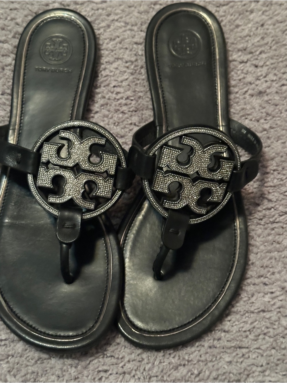 AUTHENTIC Tory Burch Black Logo Thong Sandals with Crystal Accents